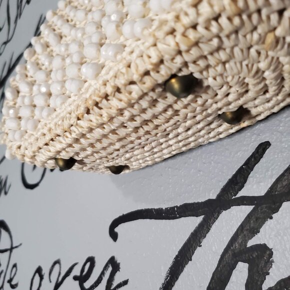 Vintage 1950’s Mid-Century Ivory Italian Beaded Handbag w/ Metal Handle - Picture 5 of 9